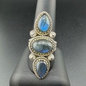 NWT India 925 Sterling Silver Labradorite Elongated Women's Ring Sz 10